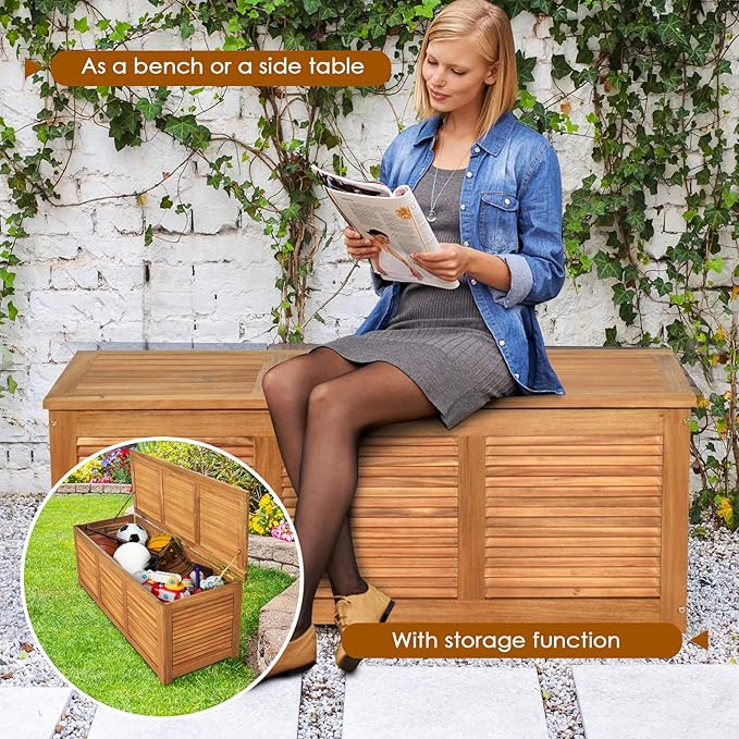 Deck Box with 46 Gallon Capacity, Rustic Acacia Wood Storage