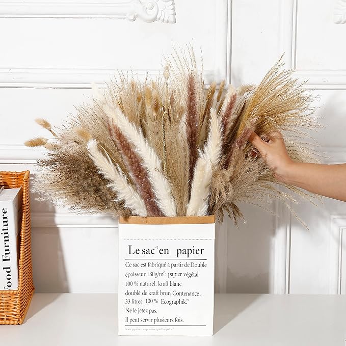 Dried Pampas Grass Bundle, 135 Pieces, Neutral Tones for Home Decor