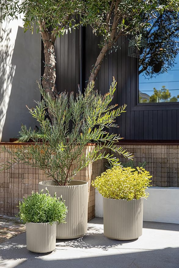 Veradek Demi Series Set of 3 Round Planters for Porch, Patio, Backyard | Durable Plastic-Concrete Material | Modern Décor for Tall Plants, Flower