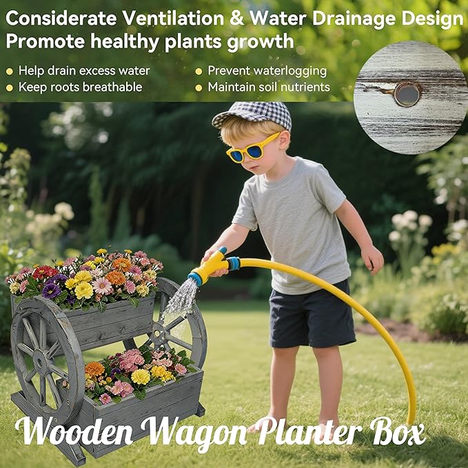 NestNature Wooden Wagon Planter Box,Raised Garden Bed,Decorative Garden Planters with Wheels-Outside Flower Pots for Indoor/Outdoor Décor Plants (Antique Gray)