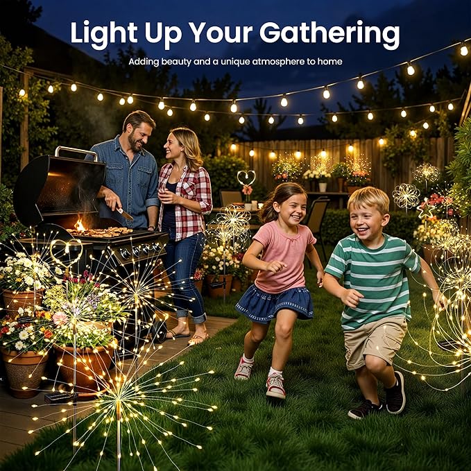 Solar Lights Outdoor, 120LED 4pack Fairy Garden Lights Decor for Outside Fireworks Lights Solar Powered for Yard, Patio, Pathway, Walkway, Balcony, Warm White