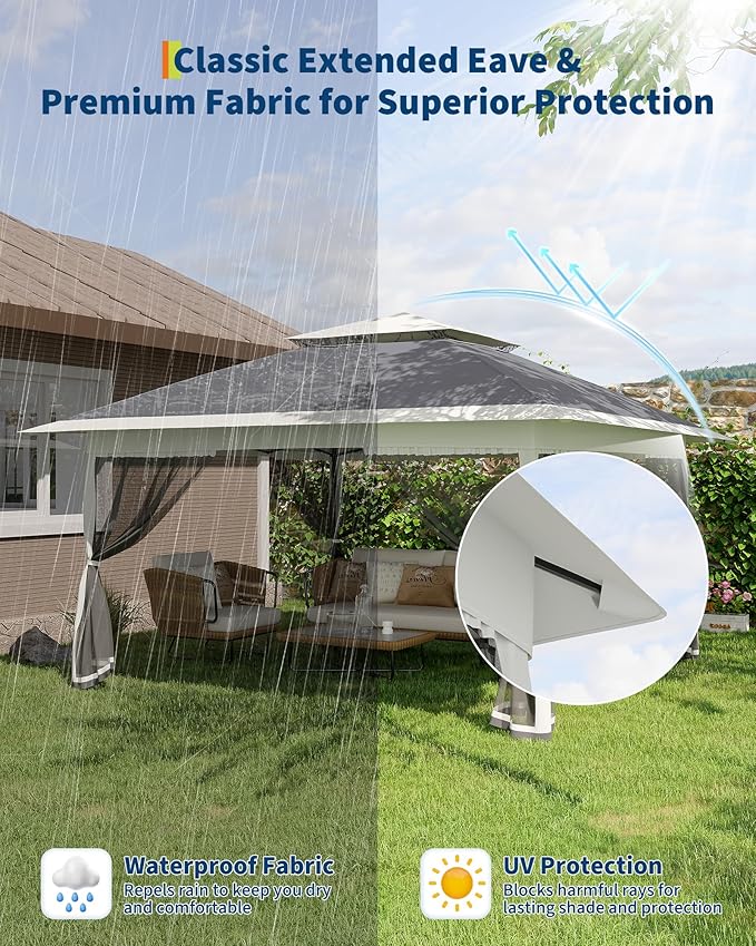 Canopy Tent 13x13 ft, Pop Up Gazebo One-Push Setup with 4 SandBags for Backyard Parties and BBQs, Mosquito Netting & Height Adjustable - Grey