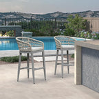PURPLE LEAF Outdoor Rattan 29" Bar Stools Set of 2, Modern Boho Aluminum Patio Bar Height Chair with Cushion and Back for Garden Outdoor and Indoor, Light Grey