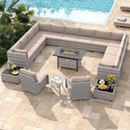 14-Seat Outdoor Wicker Patio Furniture Set with Fire Pit Table, Modular Rattan Sectional Sofa & 2 Swivel Rocking Chairs, 4" Thick Cushions, Rust-Resistant Frame,Beige