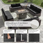 Kullavik 13PCS Outdoor Patio Furniture Set with 43" 55000BTU Gas Propane Fire Pit Table PE Wicker Rattan Sectional Sofa Patio Conversation Sets,Black