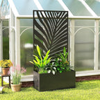 Outsunny Metal Planter Box with Trellis, 71" Tall Raised Garden Bed with Trellis Privacy Screen for Climbing Plants, Large Leaf Cut-Out Privacy Planter for Garden, Patio, Balcony