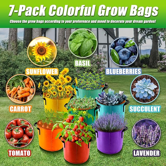 15 Gallon Grow Bags, 7 Pack Colorful Fabric Plant Pots with Handles for Garden and Outdoor Planting