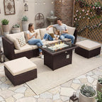 NICESOUL 7 Piece Outdoor Patio Sectional Furniture Set with Fire Pit Natural Gas/Propane, Large Size Comfortable Conversation Sets, 29.3'' High Back Deep Seat Sofa, Brown Rattan and Beige Cushion