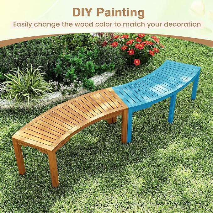 Tangkula Outdoor Curved Bench, Acacia Wood Fire Pit Bench w/Slatted Seat, Patio Backless 2-Person Seating for Porch, Yard, Garden, 800 LBS Max Load, Oil Painted (2, 45")