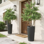 Self Watering Tall Black Planters Outdoor Set of 2, 24” Flower Pots Planters for Outdoor Plants, Modern Plastic Tall Planter for Front Porch, with Drainage Hole (Ribbed)