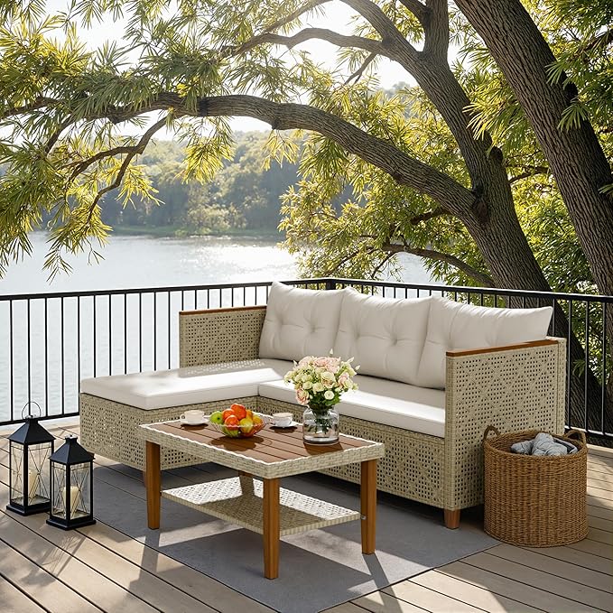 Devoko Patio Furniture Set 3 Piece Outdoor Sectional Sofa Hollow Rattan Patio Seating Sofa with Coffee Table & Ottoman for Deck, Porch, Poolside