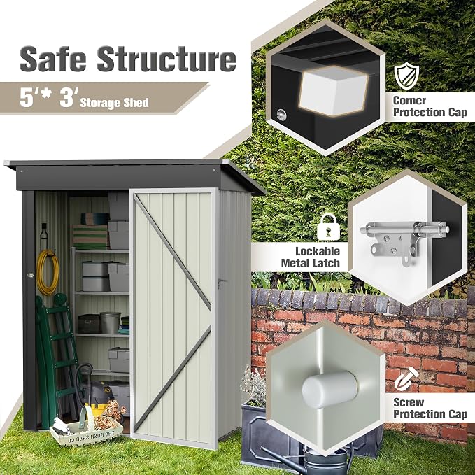 Metal Storage Shed 5 x 3 FT with Lockable Door, Rust-Proof White