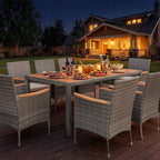 Devoko Outdoor Patio Dining Sets 9 Pieces Wicker Outdoor Dining Table and Chairs Set with Acacia Wood Table Top and Widened Armrests for Backyard, Garden, Deck (Grey)
