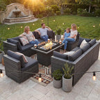 NICESOUL 9 Piece Modern Oversized Outdoor Patio Furniture Set with Firepit Table Propane/Natural Gas, 29.3'' High Back Deep Wide Conversation, Luxury 8 Seats Modular Sectional for Backyard, Gray