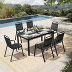 Pamapic Outdoor Dining Sets for 6, Rectangular Steel Slat Table with 6 Plastic Chairs, 7 Piece Patio Table and Chairs Set with Adjustable Umbrella Hole for Garden, Backyard, Poolside (Black)