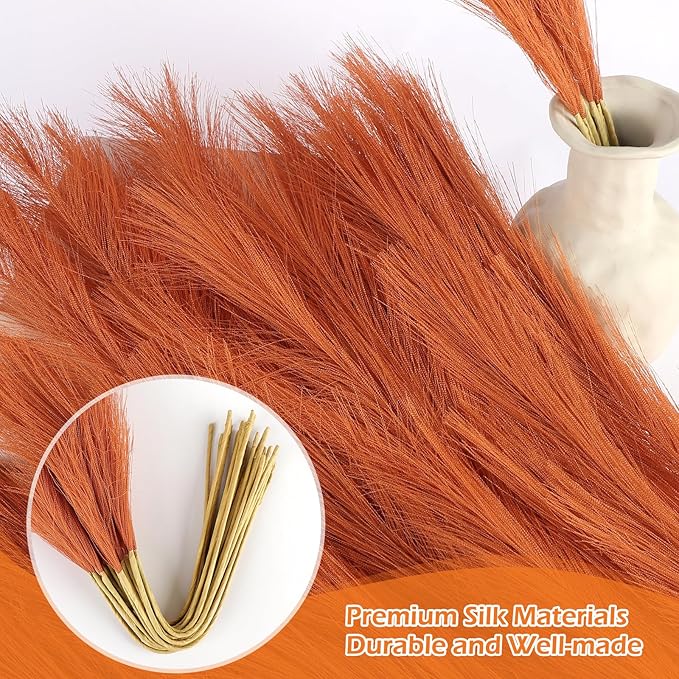 Artificial Pampas Grass Stems, Orange Silk, 30 Pcs