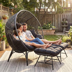 NICESOUL Luxury Double Egg Chair with Footrest & Cushions, Two Person Wicker Eggshell Chair Large with Ottoman, 2 Person Loveseat Comfort Deep Seating for Interiors Exteriors Balcony Dark Gray