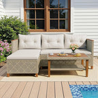 Devoko Patio Furniture Set 3 Piece Outdoor Sectional Sofa Hollow Rattan Patio Seating Sofa with Coffee Table & Ottoman for Deck, Porch, Poolside