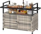 DWVO XXL Patio Storage Cabinet,Outdoor Bar Cart with Glass Top,Outdoor Storage Cabinet with Wheels for Patio, Poolside and Backyard, Grey