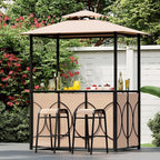 Tangkula 3-Piece Patio Bar Set, Grill Gazebo & 2 Bar Stools with Tempered Glass Bar Table, Metal Storage Shelves, Glass Holders, Double-Tier Soft Top Canopy BBQ Gazebo Shelter for Patio Garden (Brown)