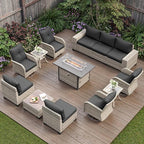 13-Piece Outdoor Patio Furniture Set with Rocking Swivel Chair, PE Wicker Rattan Sectional Sofa Patio Conversation Set with 55,000 BTU Fire Pit Table & Coffee Table, Dark Grey
