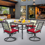 NUU GARDEN 5 Piece Outdoor Dining Set, Outdoor Furniture Set for Square Iron Umbrella Dining Table and 4 Cushioned Swivel Chairs, Black and Red Cushion