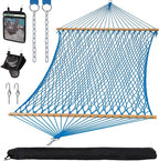 SUNCREAT Polyester Rope Hammock with Bamboo Spreader Bar, Carrying Bag, 450 lbs Capacity, Two Person Hammock with Tree Hooks, Blue