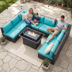 NICESOUL Extra Large 9 Piece Patio Furniture Set with Fire Pit Table Natural Gas & Propane, 29.3'' High Back Rattan Outdoor Conversations, 8 Seater Modular Sofa Set, 2 Color Cushions Turquoise & Gray