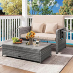 HAPPYGRILL Patio Rattan Wicker Daybed with Loveseat & Storage Ottoman, Outdoor Lounge Sofa Furniture Set with Adjustable Backrest & Side Trays, for Poolside Deck Porch Lawn (Mix Grey & Beige)
