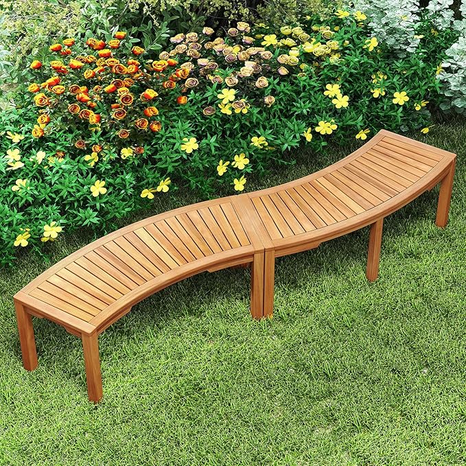 Tangkula Outdoor Curved Bench, Acacia Wood Fire Pit Bench w/Slatted Seat, Patio Backless 2-Person Seating for Porch, Yard, Garden, 800 LBS Max Load, Oil Painted (2, 45")