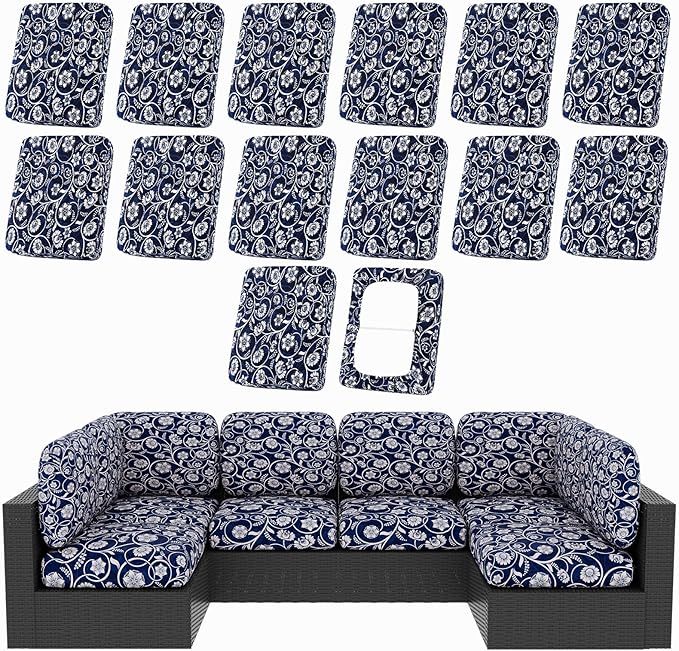 Cushion Covers for Patio, 14 Piece Stretch Set in Baroque Print