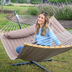 Double Hammock with 12 FT Stand, 2 Person Curved Bar Hammock with Stand, Pillow and Portable Carrying Bag, Heavy Duty 450lbs Capacity, Tan