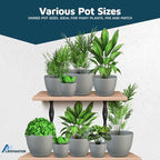 Gray Plant Pots with Drainage Holes & Saucers 15 Pack, Indoor & Outdoor Stackable Space-Saving Planters for Houseplants & Flowers, (7", 6.7", 6", 5.3", and 4.8" Inches), Durable & Weatherproof