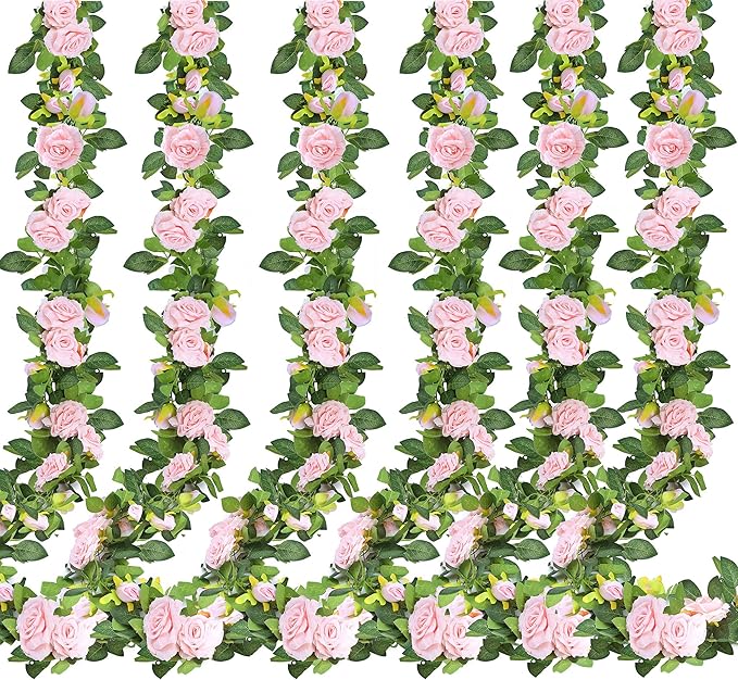 Artificial Plants Greenery: Pink Silk Rose Vines, 6 Pack, 7.75 Ft Each