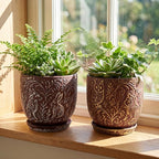 Decorative Ceramic Planter Pot with Saucer, Brown with Gold and Silver Owl Pattern, Indoor Garden Container with Drainage (G&S, 6 inch)
