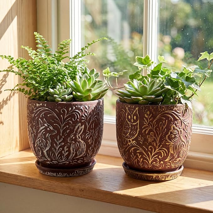 Decorative Ceramic Planter Pot with Saucer, Brown with Gold and Silver Owl Pattern, Indoor Garden Container with Drainage (G&S, 6 inch)