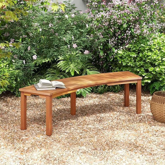Tangkula Outdoor Curved Bench, Acacia Wood Fire Pit Bench w/Slatted Seat, Patio Backless 2-Person Seating for Porch, Yard, Garden, 800 LBS Max Load, Oil Painted (1, 58")