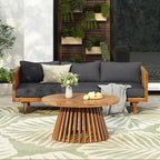 Merax Outdoor Acacia Wood Conversation Set - Patio 3-Seat Loveseat Sofa w/Coushion and Round Coffee Table for Backyard, Lawn, Balcony, Teak+Dark Gray