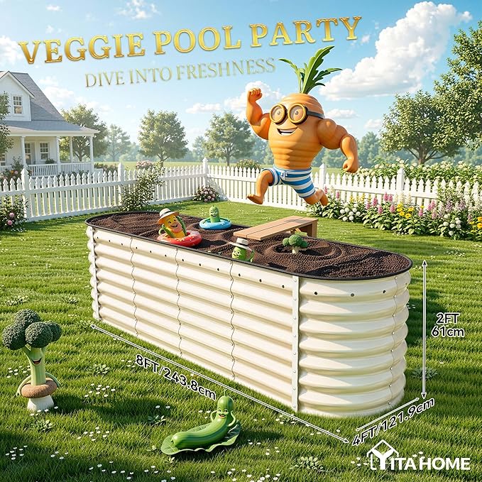 YITAHOME 24" Tall 9 in 1 Large Raised Garden Bed Kit, 8x4x2ft Galvanized Metal Planter Box with Gloves and Safety Rubber, Outdoor Above Ground Planters for Plants Vegetables Flowers, White