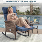 Zero Gravity Patio Rocking Wicker Recliner Chair - Wicker Outdoor Lounge Chair with Adjustable Backrest & Footrest, All Weather Reclining Rocker Chairs with Thick Cushion for Pool Deck Blue