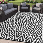 SAND MINE Waterproof Outdoor Rug 8x10 ft, Plastic Reversible Rug, Modern Area Rug, Large Floor Mat for Outdoors, RV, Patio, Backyard, Deck, Picnic, Beach, Camping (8' x 10', Black & White Lattice)