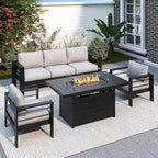 Solaste Aluminum Patio Furniture Set with Fire Pit Table, 4 Piece Metal Outdoor Furniture with Water-Resistant Cushions, Modern Patio Conversation Set for Backyard,Black Frame and Grey Cushion