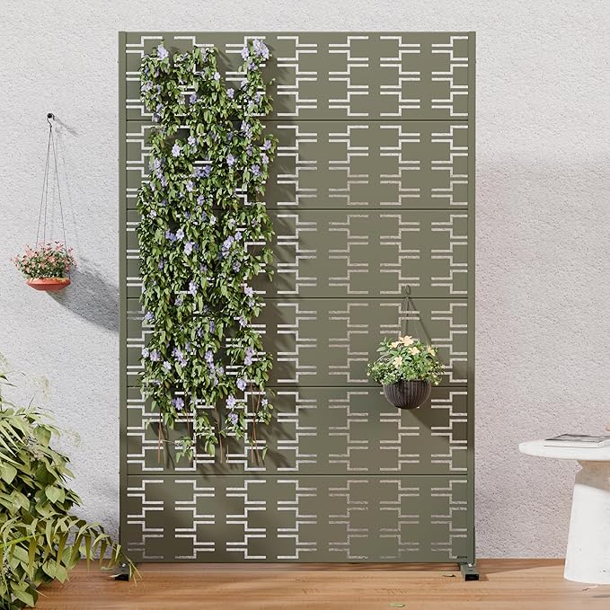 Casaphoria Metal Privacy Screen Outdoor, 72" H x 47" W Freestanding Decorative Privacy Screen for Patio Deck Balcony Garden with Stable Base, Grey-Brick