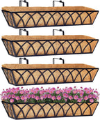 30 Inch Window Deck with Coco Liner Set of 4, 30" Window Boxes Horse Trough with Coconut Coir Liner, Metal Hanging Flower Planter Basket Deck Railing Planter Boxes for Outdoor Indoor Lawn