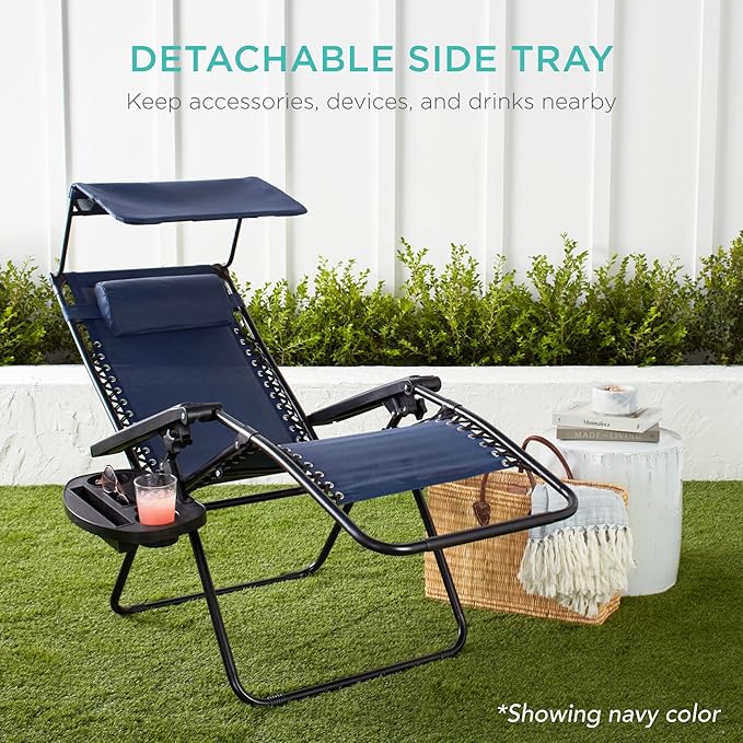 Best Choice Products Folding Zero Gravity Outdoor Recliner Patio Lounge Chair w/Adjustable Canopy Shade, Headrest, Side Accessory Tray, Textilene Mesh - Burnt Orange