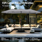 PHI VILLA 15ft Large Patio Umbrellas with Base, Outdoor Double-Sided Rectangle Market Umbrella for Pool Lawn Garden, Light Gray