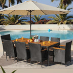 Greesum 9 Pieces Outdoor Patio Dining Set, Conversation Sets with 1 Table and 8 Rattan Chairs with Curved Acacia Wooden Armrests and Cushions, Black