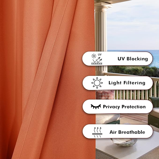 BONZER Waterproof Outdoor Curtains for Patio Porch Pergola Cabana Light Filtering Privacy Grommet Indoor Curtain Panels for Bedroom Living Room, 1 Panel, 84W x 120L inch, Mecca Orange