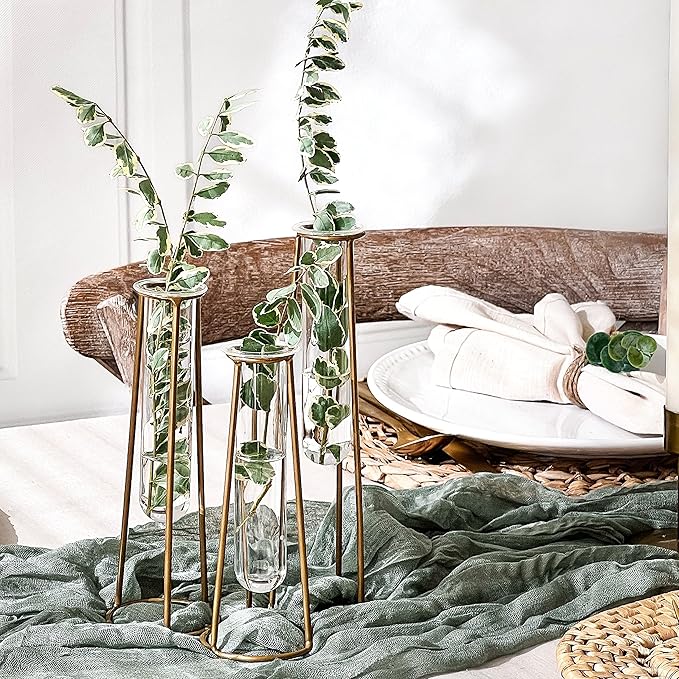 Planter Set of 3 Clear Glass Test Tube Vases with Antique Gold Metal Base