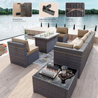 Kullavik 8 Pieces Outdoor Patio Furniture Set with 43" 55000BTU Gas Propane Fire Pit Table PE Wicker Rattan Sectional Sofa Patio Conversation Sets,Khaki